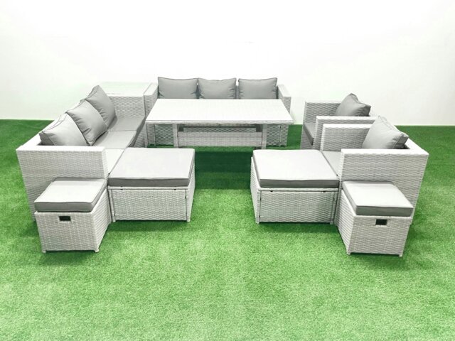 Rackhams Rattan Garden Furniture Dining Set 12 Seater Lounge Sofa Chair Dining Table Set with 4 Footstools Side Table Light Grey Mixed - image 1