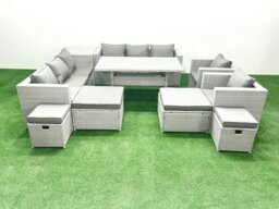 Rackhams Rattan Garden Furniture Dining Set 12 Seater Lounge Sofa Chair Dining Table Set with 4 Footstools Side Table Light Grey Mixed - thumbnail 2