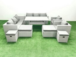 Rackhams Rattan Garden Furniture Dining Set 12 Seater Lounge Sofa Chair Dining Table Set with 4 Footstools Side Table Light Grey Mixed - thumbnail 1