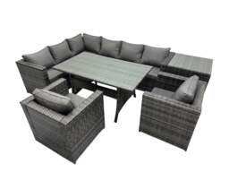 Rackhams Outdoor PE Rattan Sofa Set with Dining Table Patio Garden Furniture Sets with Side Table Dark Grey Mixed - thumbnail 1