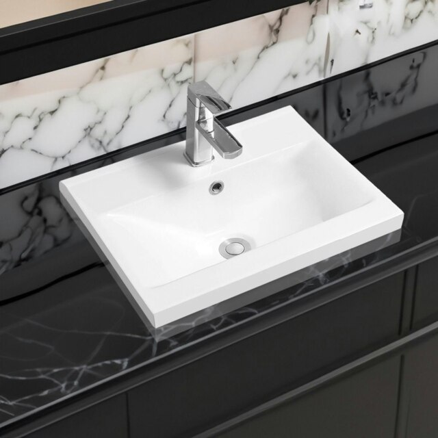 Rackhams 5004 Ceramic 51cm Mid-Edge Inset Basin with Dipped Bowl - White - Ceramic - 51cm