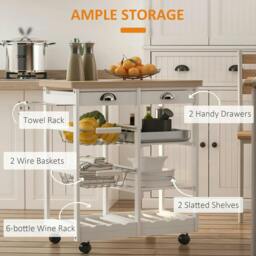 Rackhams Rolling Kitchen Island Trolley Cart Drawer Shelves Basket Wheels W/ 6 Bottle Wine Rack White - thumbnail 5