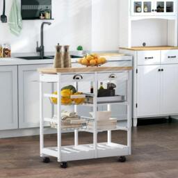 Rackhams Rolling Kitchen Island Trolley Cart Drawer Shelves Basket Wheels W/ 6 Bottle Wine Rack White - thumbnail 4