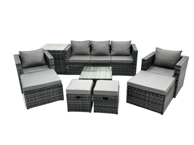 Rackhams Outdoor Rattan Garden Furniture Set 9 Seater Patio Lounge Sofa Set with Armchair Square Coffee Table Side Table 4 Footstool Dark Grey Mixed - image 1