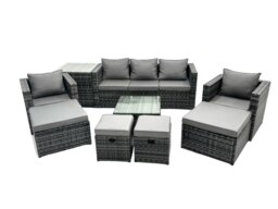Rackhams Outdoor Rattan Garden Furniture Set 9 Seater Patio Lounge Sofa Set with Armchair Square Coffee Table Side Table 4 Footstool Dark Grey Mixed - thumbnail 1
