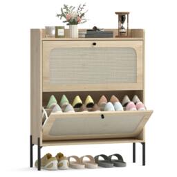 Rackhams Boho Narrow Shoe Cabinet, Shoe Rack with 2 Flip Drawers - Oak - thumbnail 2