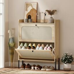 Rackhams Boho Narrow Shoe Cabinet, Shoe Rack with 2 Flip Drawers - Oak - thumbnail 1