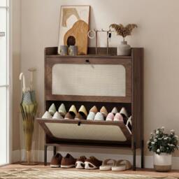Rackhams Boho Narrow Shoe Cabinet, Shoe Rack with 2 Flip Drawers - Oak - thumbnail 6