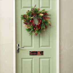 Rackhams 38cm Ruby Velvet Christmas Wreath with Red Baubles, Berries & Bows - thumbnail 3