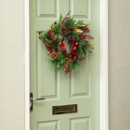Rackhams 38cm Ruby Velvet Christmas Wreath with Red Baubles, Berries & Bows - thumbnail 2