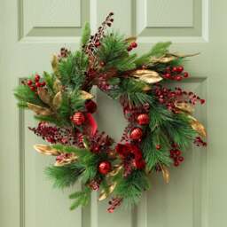 Rackhams 38cm Ruby Velvet Christmas Wreath with Red Baubles, Berries & Bows