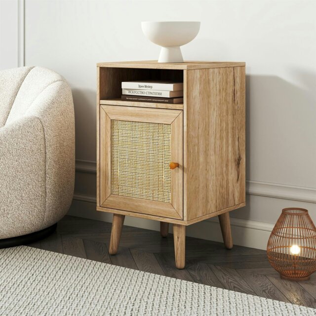 Rackhams Willow Rattan 1 Door Bedside Table - Oak and Rattan