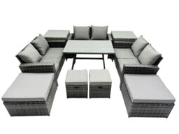 Rackhams 10 Seater Wicker PE Rattan Furniture Outdoor Dining Table Double Seat Sofa 4 Stools 2 Side Table Set Dark Grey Mixed - thumbnail 1
