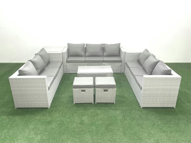 Rackhams Rattan Garden Outdoor Furniture Set 11 Seater Garden Sofa Coffee Table Set with 2 Small Footstool Side Table Light Grey Mixed - image 1