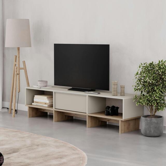Rackhams Modern TV Stand 170cm w/Soft-Close Drop-Down Door Open Shelves Metal Handle Living Room TV Cabinet Sandstone, Natural Oak - Sandstone-Natural Oak - image 1