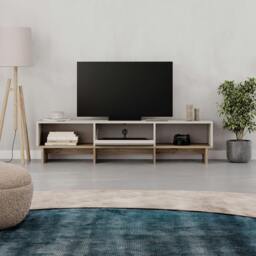 Rackhams Modern TV Stand 170cm w/Soft-Close Drop-Down Door Open Shelves Metal Handle Living Room TV Cabinet Sandstone, Natural Oak - Sandstone-Natural Oak - thumbnail 6