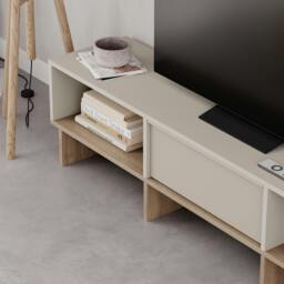 Rackhams Modern TV Stand 170cm w/Soft-Close Drop-Down Door Open Shelves Metal Handle Living Room TV Cabinet Sandstone, Natural Oak - Sandstone-Natural Oak - thumbnail 5