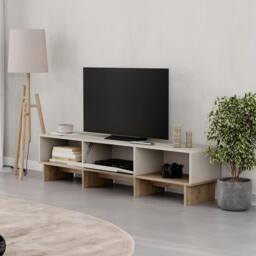 Rackhams Modern TV Stand 170cm w/Soft-Close Drop-Down Door Open Shelves Metal Handle Living Room TV Cabinet Sandstone, Natural Oak - Sandstone-Natural Oak - thumbnail 4