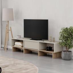Rackhams Modern TV Stand 170cm w/Soft-Close Drop-Down Door Open Shelves Metal Handle Living Room TV Cabinet Sandstone, Natural Oak - Sandstone-Natural Oak - thumbnail 1