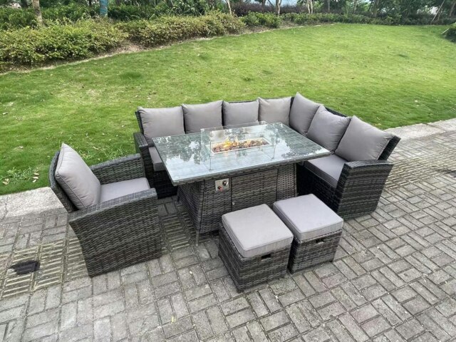 Rackhams High Back Rattan Garden Furniture Sets Gas Fire Pit Dining Table Gas Heater Set Corner Sofa Small Footstools Chair 9 Seater - image 1