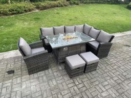 Rackhams High Back Rattan Garden Furniture Sets Gas Fire Pit Dining Table Gas Heater Set Corner Sofa Small Footstools Chair 9 Seater - thumbnail 2