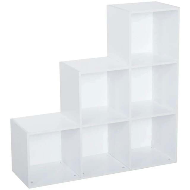 Rackhams 3-tier Step 6 Cubes Storage Unit Particle Board Cabinet Bookcase Organiser Home Office Shelves - White - image 1