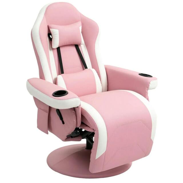 Rackhams Manual Recliner Armchair PU Leather Lounge Chair w Adjustable Leg Rest, 135° Reclining Function, 360° Swivel, Pink