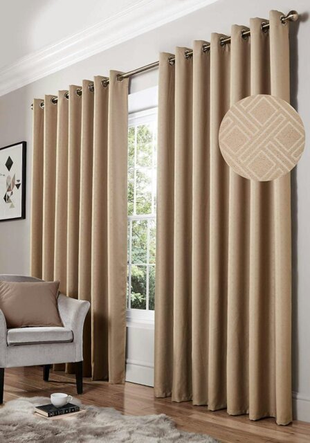 "Rackhams Diamond Blackout Eyelet Curtains Thermal Lined Ready Made Curtains - 90 x 90"" - Beige"
