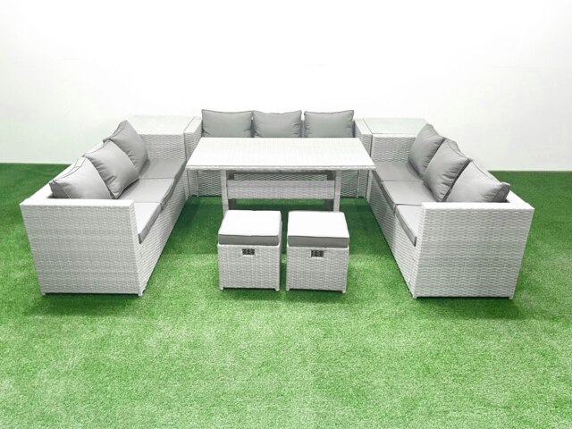 Rackhams Rattan Garden Outdoor Furniture Set 11 Seater Garden Sofa Rectangulr Dining Table Set with 2 Small Footstool 2 Side Tables Light Grey Mixed - image 1