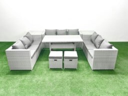 Rackhams Rattan Garden Outdoor Furniture Set 11 Seater Garden Sofa Rectangulr Dining Table Set with 2 Small Footstool 2 Side Tables Light Grey Mixed - thumbnail 2