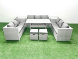 Rackhams Rattan Garden Outdoor Furniture Set 11 Seater Garden Sofa Rectangulr Dining Table Set with 2 Small Footstool 2 Side Tables Light Grey Mixed - thumbnail 1