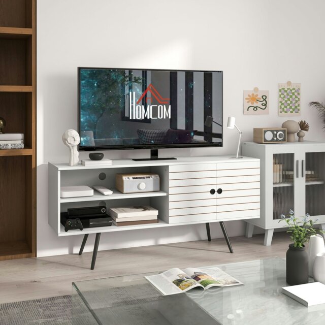 "Rackhams TV Unit for 50"" TVs with 2 Open Shelves, Door and 2 Cable Holes, White - 145W x 38D x 65Hcm" - image 1