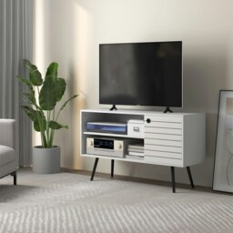 "Rackhams TV Unit for 50"" TVs with 2 Open Shelves, Door and 2 Cable Holes, White - 145W x 38D x 65Hcm" - thumbnail 2