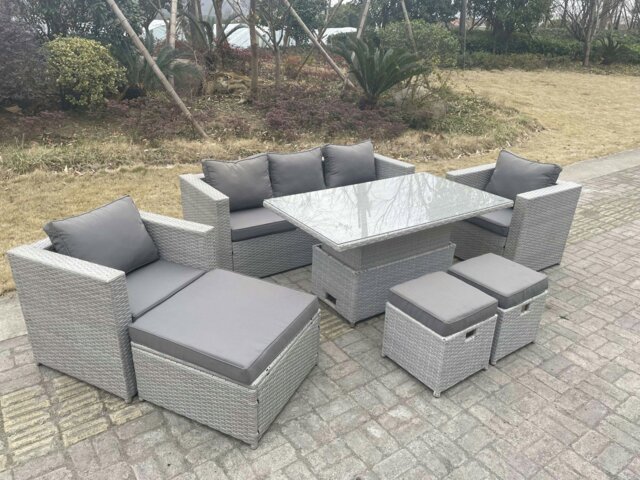 Rackhams Rattan Garden Funiture Set Adjustable Rising Lifting Table Lounge Sofa Dining Set 2 Chairs Big And Small Footstool - image 1