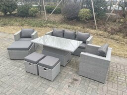 Rackhams Rattan Garden Funiture Set Adjustable Rising Lifting Table Lounge Sofa Dining Set 2 Chairs Big And Small Footstool - thumbnail 2