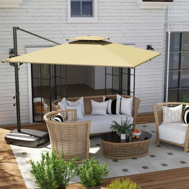 Rackhams Garden Cantilever Parasol w/ Weighted Base Tilt Crank Dark Blue - Khaki - 247cm x 247cm x 268cm - image 1