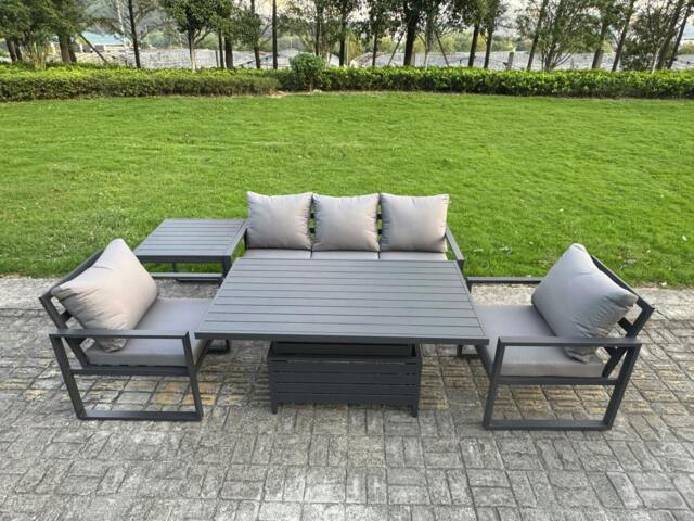 Rackhams 5-Piece Aluminium Garden Furniture Sets 5 Seater Outdoor Sofa Set with Adjustable Rising Lifting Dining Table 2 Chairs Side Table - image 1