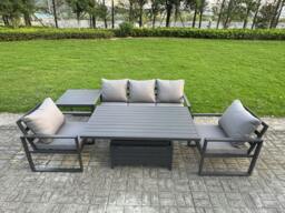 Rackhams 5-Piece Aluminium Garden Furniture Sets 5 Seater Outdoor Sofa Set with Adjustable Rising Lifting Dining Table 2 Chairs Side Table - thumbnail 1