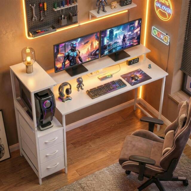 Rackhams 147cm Gaming Desk with Charging Station and RGB Lights - White - image 1