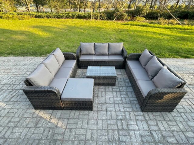 Rackhams Rattan Lounge Sofa Set 10 Seater Outdoor Garden Furniture Set with Rectangular Coffee Table 3 Seater Sofa Big Footstool Dark Grey Mixed - image 1