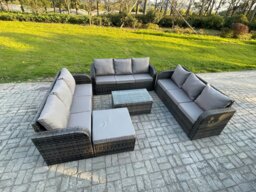 Rackhams Rattan Lounge Sofa Set 10 Seater Outdoor Garden Furniture Set with Rectangular Coffee Table 3 Seater Sofa Big Footstool Dark Grey Mixed - thumbnail 2