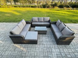 Rackhams Rattan Lounge Sofa Set 10 Seater Outdoor Garden Furniture Set with Rectangular Coffee Table 3 Seater Sofa Big Footstool Dark Grey Mixed - thumbnail 1