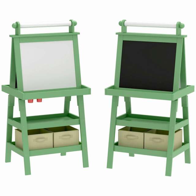 Rackhams 3 in 1 Kids Easel Double-Sided Magnetic Whiteboard and Chalkboard with Paper Roll, Storage Baskets - Green