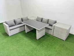 Rackhams Rattan Garden Furniture Dining Set 6 seater Patio Rectangular Table Sofa Set with 2 Side Tables Light Grey