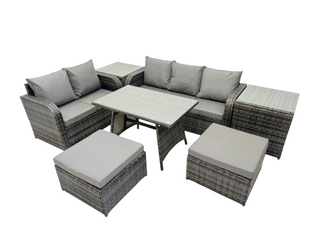 Rackhams 7 Seater Garden Outdoor Rattan Furniture Set Rattan Sofa Oblong Dining Table with 2 Side Tables 2 Big Stools Dark Grey - image 1