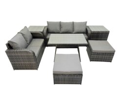 Rackhams 7 Seater Garden Outdoor Rattan Furniture Set Rattan Sofa Oblong Dining Table with 2 Side Tables 2 Big Stools Dark Grey - thumbnail 2