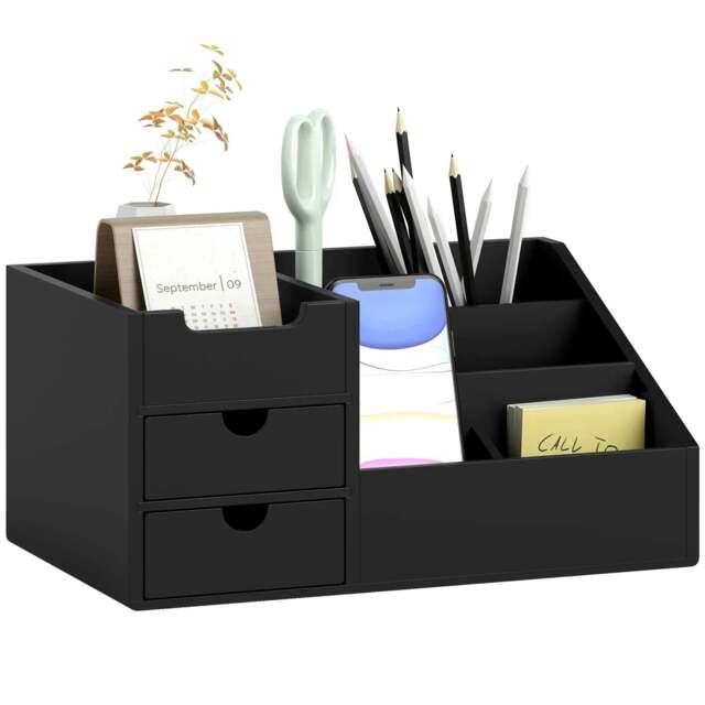 Rackhams Desk Organiser Holder, Bamboo Multi-Function Storage Caddy with 7 Storage Compartments and 2 Drawers for Home Office Stationary Supplies, Black