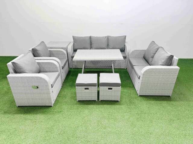Rackhams PE Rattan Garden Furniture Set Outdoor Rectangular Dining Table Sofa Set with Reclining Chair 2 Small Stool Side Table Light Grey - image 1