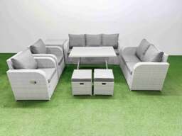 Rackhams PE Rattan Garden Furniture Set Outdoor Rectangular Dining Table Sofa Set with Reclining Chair 2 Small Stool Side Table Light Grey - thumbnail 1