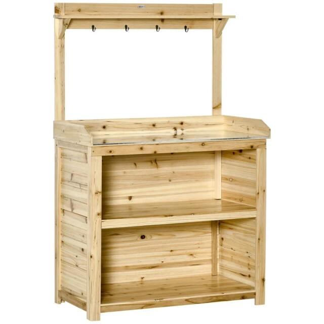 Rackhams Garden Potting Bench Table, Wooden Workstation Bench w/ Galvanized Metal Tabletop, Storage Shelves and Hooks, Natural - image 1